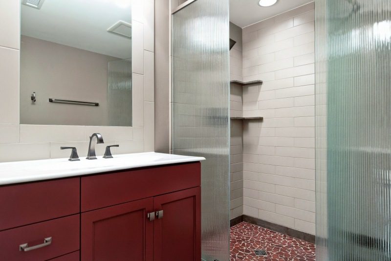 Custom Tile Bathroom with Walk in Shower Sliding Glass Door