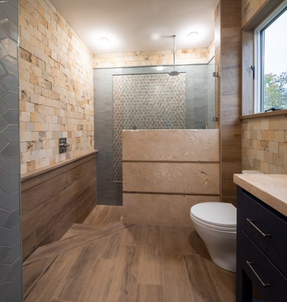 Bathroom with White Toilet Custom Wood Tile