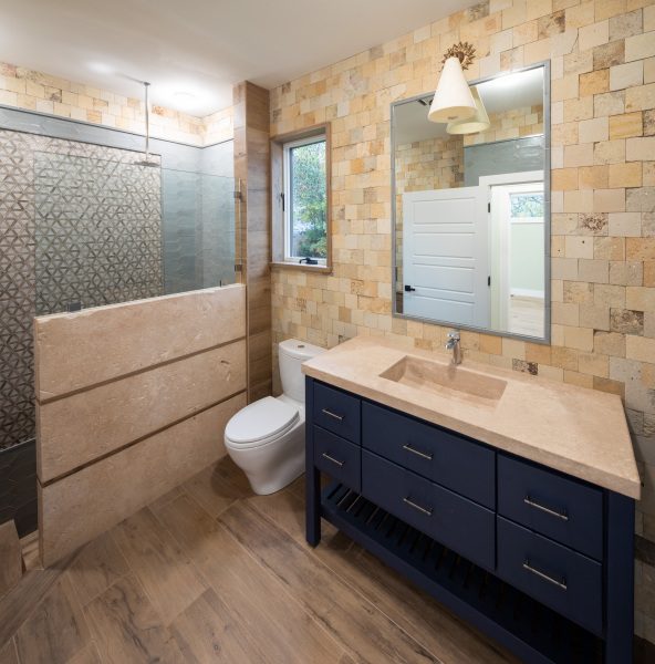 Bathroom With Custom Wood Tile Stone Sink