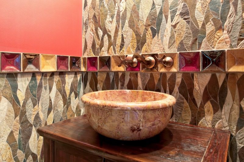 Earth Tone Bathroom with Custom Tile Round Stone Sink