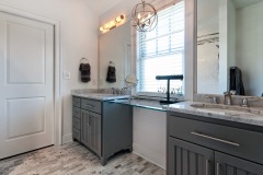 Bathroom with Custom Tile Floor Dark Grey Sink Base